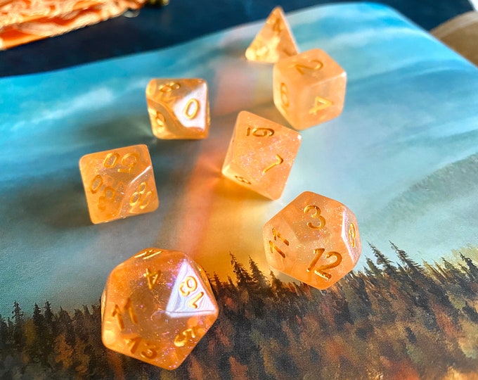 Peach SUNSHINE dnd dice set, Orange and purple  D&D DIce Set, Polyhedral Dice Set for Dungeons and Dragons