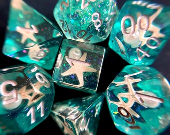 SEA STAR DnD DIce Set for Dungeons and Dragons TTrpg, Polyhedral Dice Set 4 Tabletop Role Playing Games -- Real Sea Shells Inside!!