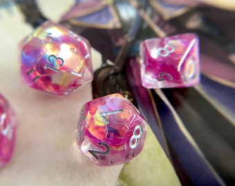 Tears of Passion dnd dice set for Dungeons and Dragons, sparkly flake fairy hot pink ttrpg critical role