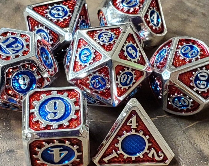 Artificer Metal DNd DIce set, Polyhedral dice set for Dungeons and Dragons RPG, ttrpg -- solid metal & heavy!