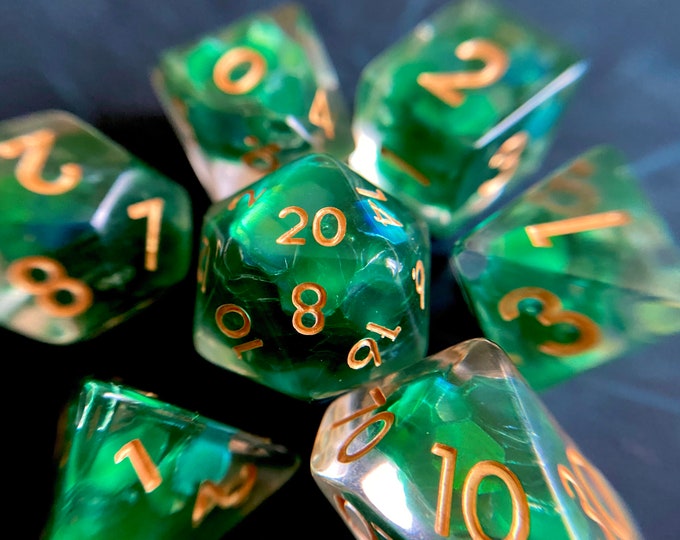 FOREST Tears dnd dice set for Dungeons and Dragons, d20 Polyhedral dice set for TT RPG - incredible iridescent sparkles!