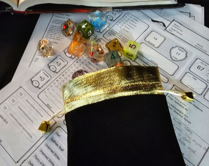 ROYAL Black dnd dice bag/pouch for Dungeons and Dragons TTrpg - gift bag -dice bag- card pouch- drawstring bag- holds 5 sets of dice