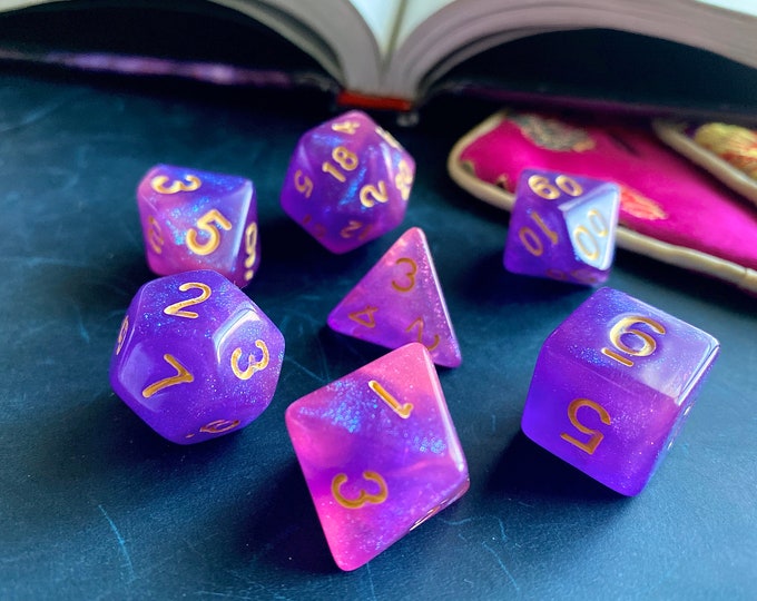 ENCHANTMENT dnd dice set for Dungeons and Dragons rpg, pink / purple polyhedral dice set for ttrpg