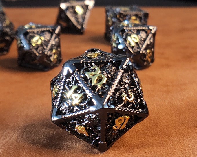 Kraken Metal DnD Dice Set, Hollow Black and Gold Metal dice set for Dungeons and Dragons RPG, ttrpg