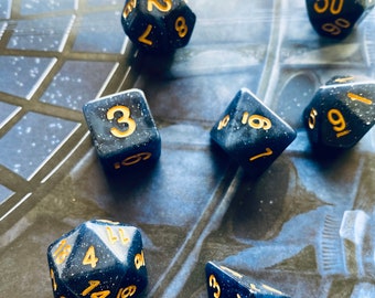 STARRY SKY DnD Dice Set for Dungeons and Dragons RPG, Blue and black polyhedral dice set for Pathfinder TTrpg with sky sparkle