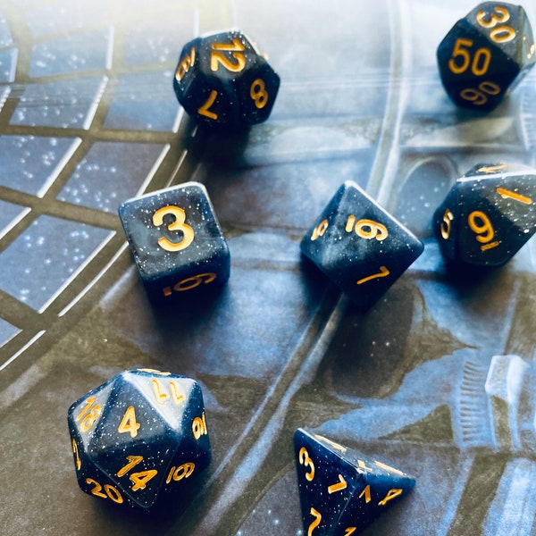 STARRY SKY DnD Dice Set for Dungeons and Dragons RPG, Blue and black polyhedral dice set for Pathfinder TTrpg with sky sparkle