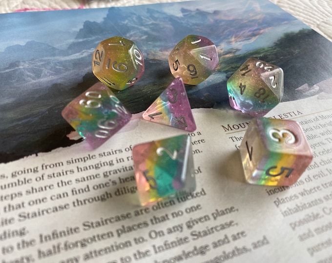 RAINBOW Bright Dnd dice set for Dungeons and Dragons Rpg, Polyhedral dice set for fans of Critical Role, Pathfinder TTRPG