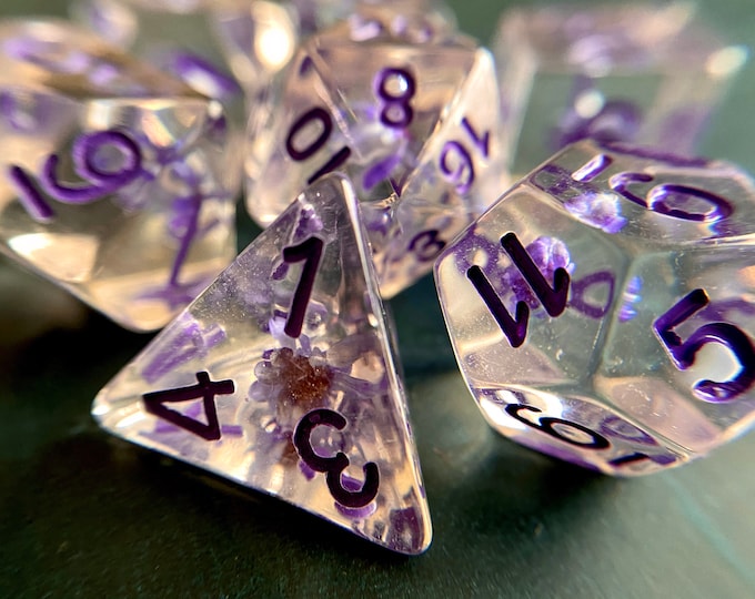 Plum Blossom dnd dice set for Dungeons and Dragons, d20 Polyhedral dice set for TT RPG - REAL beautiful flowers inside!