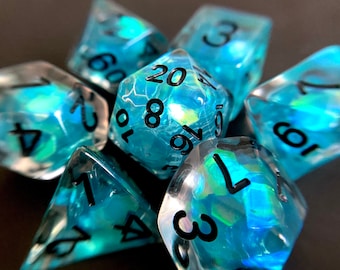 Tears (FLAWED) dnd dice set for Dungeons and Dragons, d20 Polyhedral dice set TTRPG - incredible iridescent sparkles! Adventurers Woodworks
