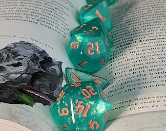 Turquoise Glitter dnd dice set, Turquoise and Orange D&D DIce Set, Polyhedral Dice Set for Dungeons and Dragons