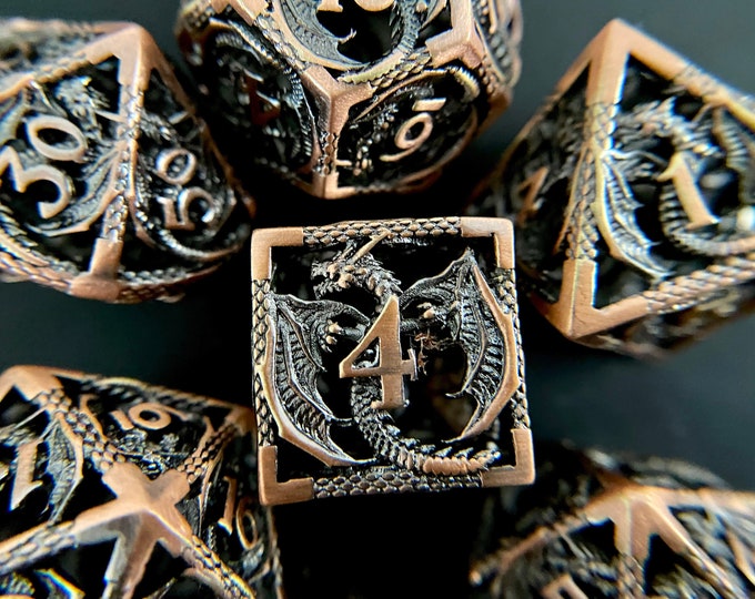 Hollow Dragon Metal DNd DIce set, Copper Metal dice set for Dungeons and Dragons RPG, ttrpg , big & Heavy