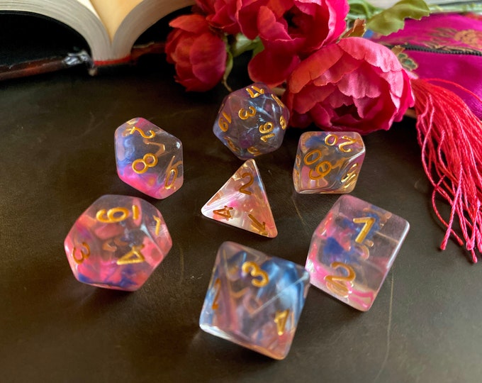 Pink PASSION dnd dice set for Dungeons & Dragons Rpg, Polyhedral dice set for Pathfinder TTRPG - pink and blue swirling ink