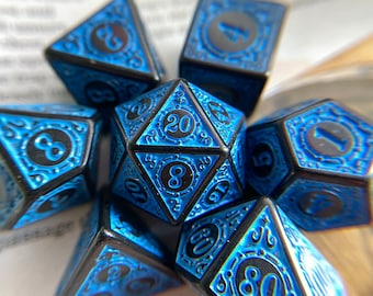 Ornate Blue Dnd dice set for Dungeons and Dragons, d20 polyhedral scroll font dice set with blue engravings - critical role