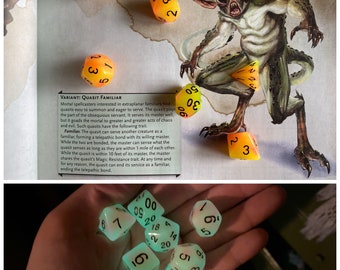 Glow in the Dark dnd Dice Set "QUASIT" for Dungeons and Dragons, D&D polyhedral dice set for Pathfinder RPG, TTRPG