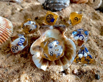 OCEAN PRINCESS dnd Dice Set, D20 Polyhedral DIce Set 4 Dungeons and Dragons TTRPG Tabletop Game Dice - Sea Shells, Glitter, Pearls!