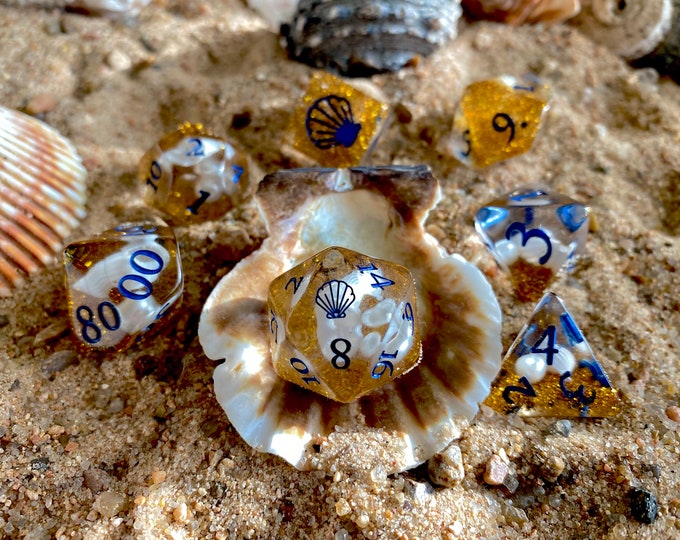 OCEAN PRINCESS dnd Dice Set, D20 Polyhedral DIce Set 4 Dungeons and Dragons TTRPG Tabletop Game Dice - Sea Shells, Glitter, Pearls!