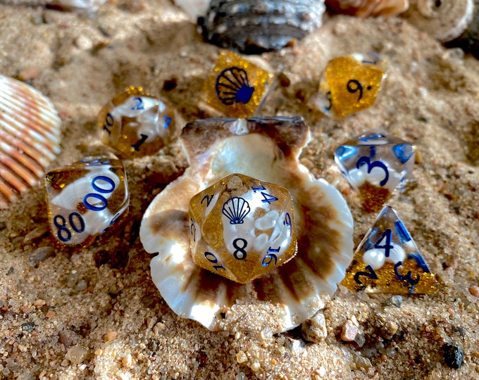 Pearl dnd Dice Set, D20 Polyhedral DIce Set 4 Dungeons and Dragons TTRPG Tabletop Game Dice - Sea Shells, Glitter, Pearls!