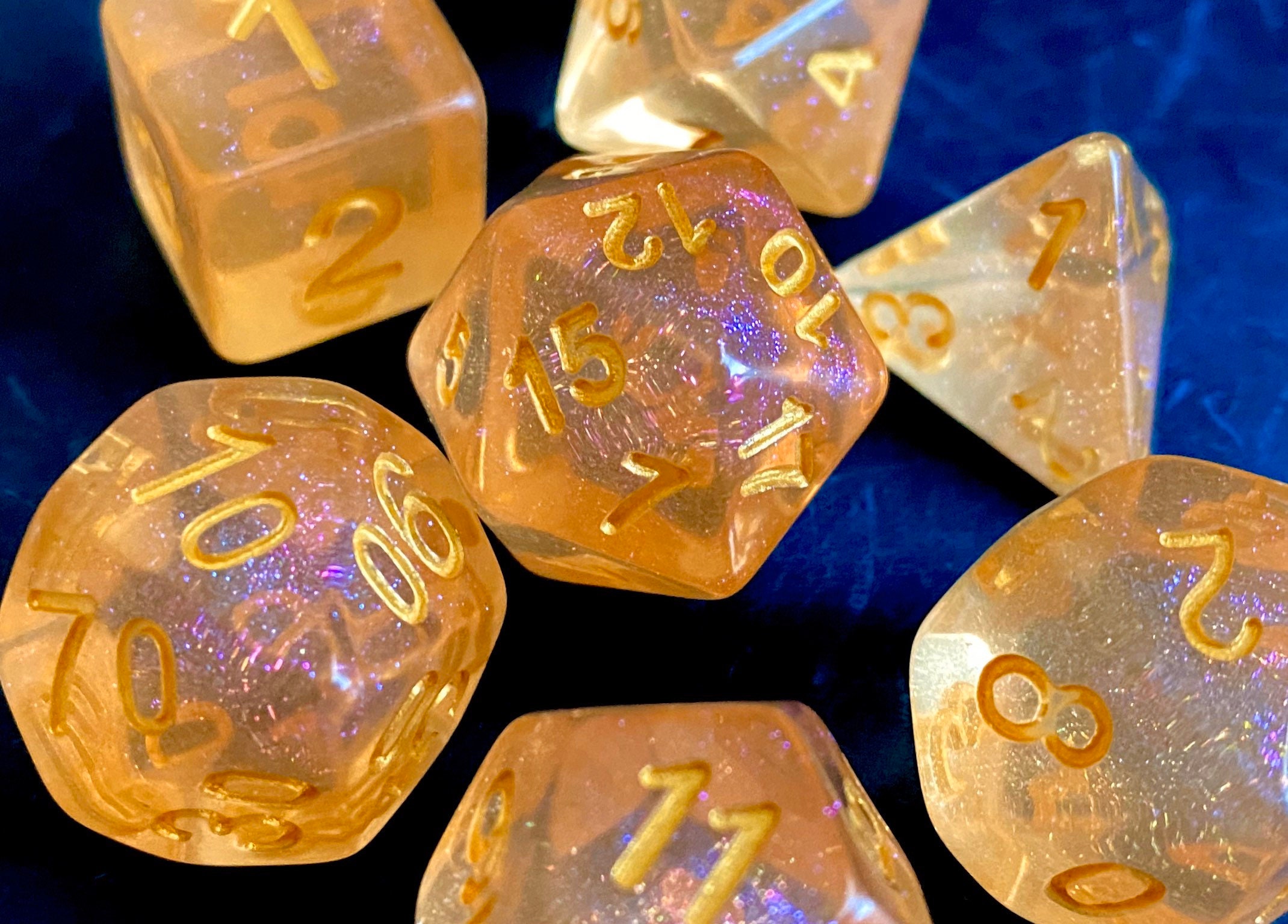 Peach SUNSHINE dnd dice set, Orange and purple D&D DIce SEt, POlyhedral