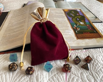 ROYAL Burgundy dnd dice bag/pouch for Dungeons and Dragons TTrpg - gift bag -dice bag- card pouch- drawstring bag- holds 5 sets of dice