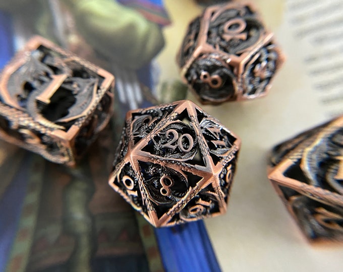 Dragon Lair Metal DNd DIce set, Copper HOLLOW Metal dice set for Dungeons and Dragons RPG, ttrpg , big & Heavy