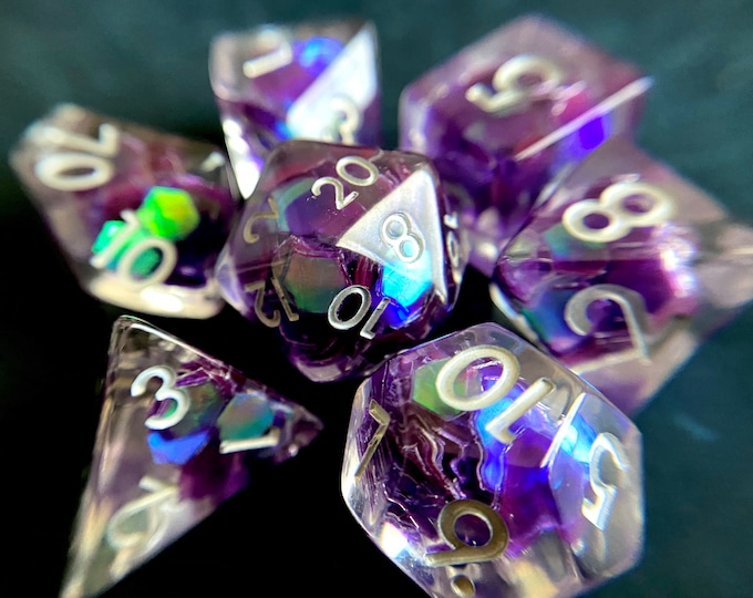 Night Tears DnD dice set, d20 Polyhedral dice set for TT RPG - incredible iridescent sparkles! Dungeons & Dragons