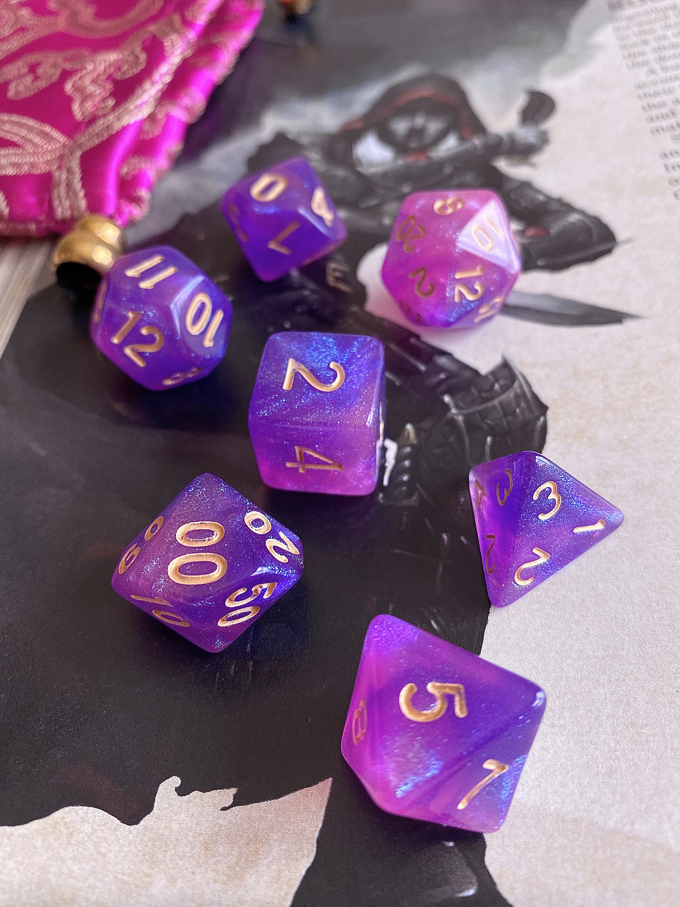ENCHANTMENT dnd dice set for Dungeons and Dragons rpg, pink / purple