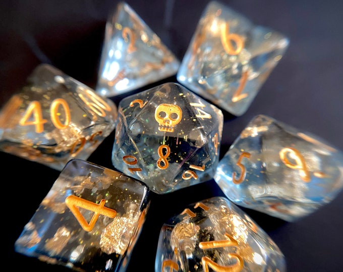 Sunken Treasure Dnd dice set, d20 pirate Polyhedral dice set,  Dungeons and Dragons - Pirate gold ocean bone skull