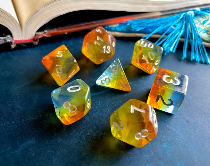 SUMMER SUNSET DnD Dice Set for Dungeons & Dragons, Pathfinder RPG, TTrpg Polyhedral Dice Set w/ rainbow of teal, yellow, orange