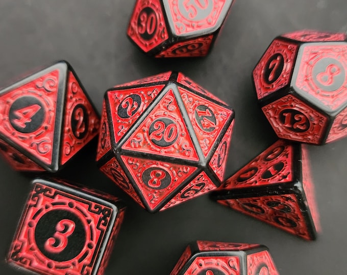 Ornate Red Dnd dice set for Dungeons and Dragons, d20 polyhedral scroll font dice set with blue engravings - critical role