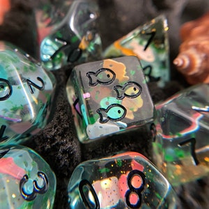 Fish Bowl Dnd Dice Set 4 Dungeons and Dragons - DRuid NAture Koi FIsh FOrest ASian