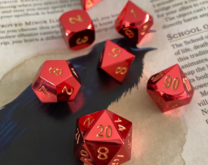 Red FLame Metal Dnd DIce Set, Polyhedral Dice Set For Dungeons & Dragons. Coated Stainless Steel