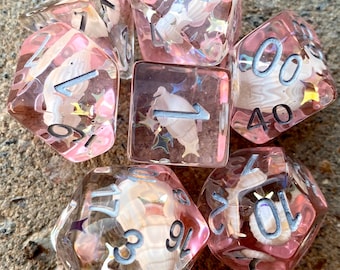PINK Sea DnD Dice Set for Dungeons and Dragons rpg, d&d, pink Polyhedral dice set for TTRpg role playing games - REAL Sea Shells inside!!