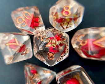 Rose Bud dnd dice set, Rose dice, flower dice, game dice set for Dungeons and Dragons, Tabletop games d20