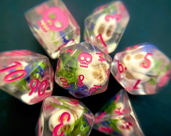 DEATH in Paradise Dnd dice set (FLAWED) d20 Polyhedral dice set for Dungeons and Dragons-flower Skull Moss tropical Beach Pirate