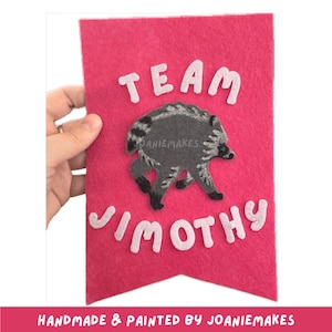 May include: A bright pink felt pennant banner featuring a dark gray raccoon illustration in the center. The text "TEAM" is appliqued in light pink felt above the raccoon, and the text "JIMOTHY" is appliqued in light pink felt below it.