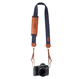 Personalized Navy Fotostrap | Navy Canvas & Genuine Leather Camera Shoulder Neck Strap | for DSLR, Mirrorless | Best Photographer Gifts