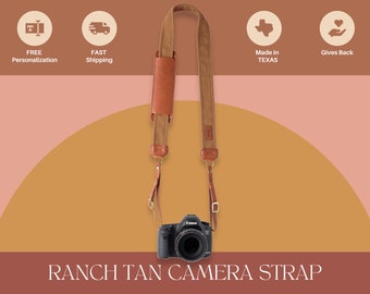 Cinturino per fotocamera personalizzato per DSLR Mirrorless / Tela marrone chiaro e cinturino per fotocamera in pelle / Idea regalo fotografo / Regalo personalizzato per lei