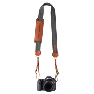 Personalized Graphite Fotostrap | Gray Canvas & Genuine Leather Camera Shoulder Neck Strap | for DSLR, Mirrorless | Best Photographer Gifts
