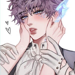 Puede incluir: Ilustración digital de una persona con cabello morado y ojos azules, adornada con detalles brillantes. La persona lleva una camisa blanca con lazo y guantes. Dos manos tocan suavemente el rostro de la persona. La imagen tiene un estilo suave y artístico.