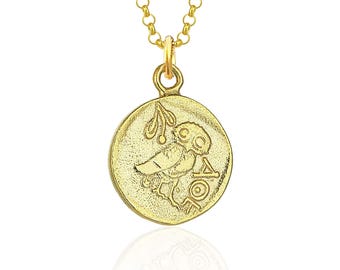 Collar con moneda de plata de Atenea y búho / Réplica de calidad museística de una moneda griega antigua