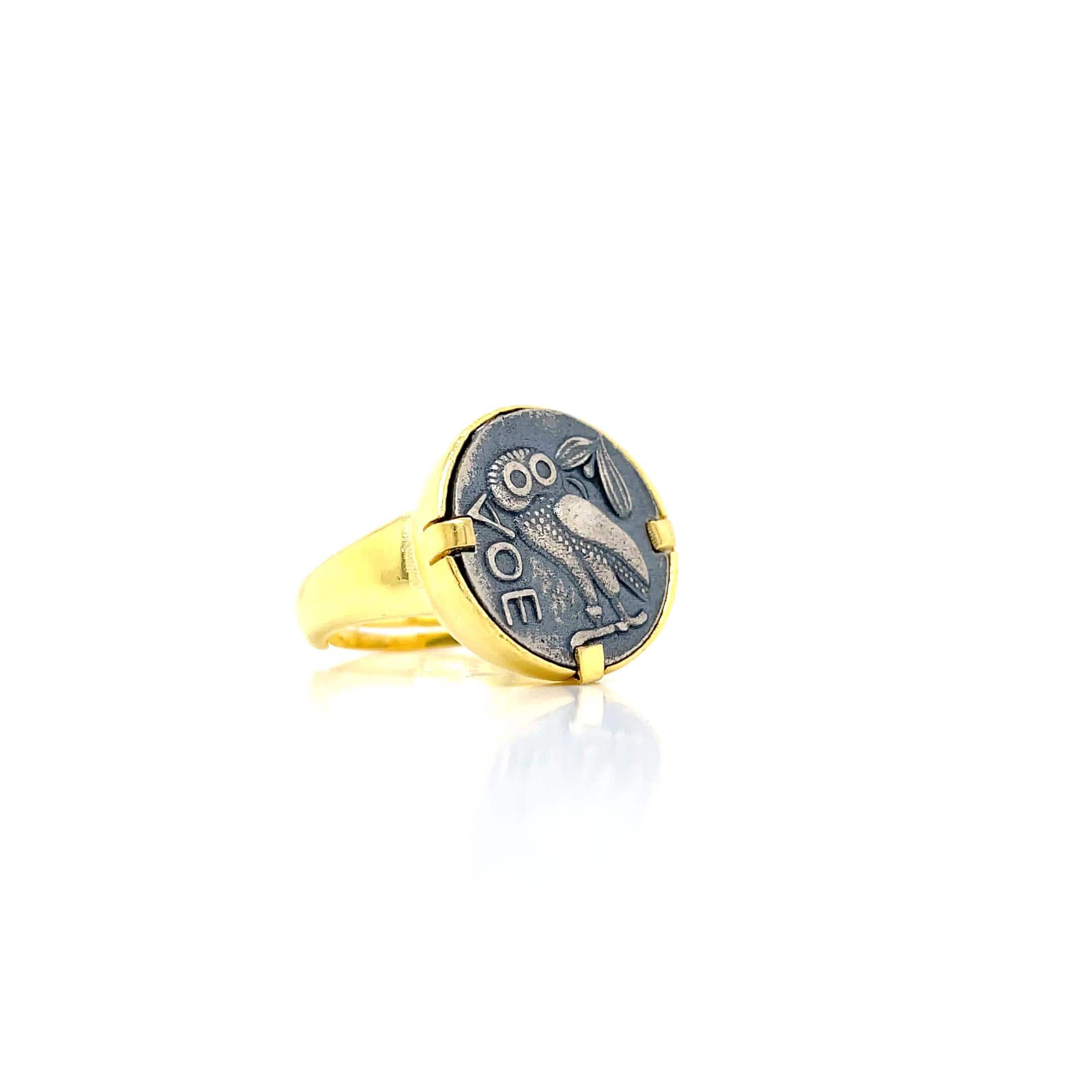 Adjustable Athena's Wisdom Owl Ring - Oxidized Silver Owl on Gold-plated Band
