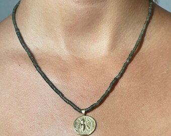 Artemis Bee & Stag Coin Necklace with Jade Stones - Museum Quality Replica of an Ancient Greek Coin