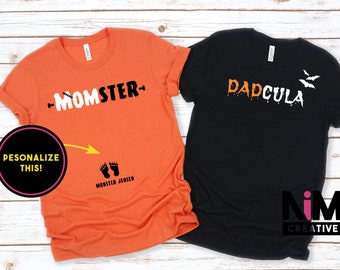 Momster & Dadcula, Couples Halloween Pregnancy Announcement Shirts, Baby Reveal, Mom to Be, Halloween t shirt