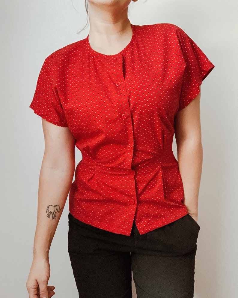 Red Pendelton Blouse with Cinched Waist