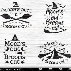 Moons Out Brooms Out Pack | Vector | Wicca Wiccan Clipart Clip art | pagan sticker Halloween Spooky Witch broom clipart SVG Digital download