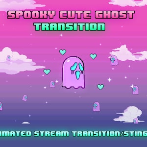 May include: Animated stream transition or stinger with the text "Spooky Cute Ghost Transition" in a pixelated font. The background is a gradient of pink and purple with white clouds and stars. A large, pink ghost with a blue face and teardrop-shaped eyes is in the centre of the image. Several smaller ghosts and hearts are scattered around the image.