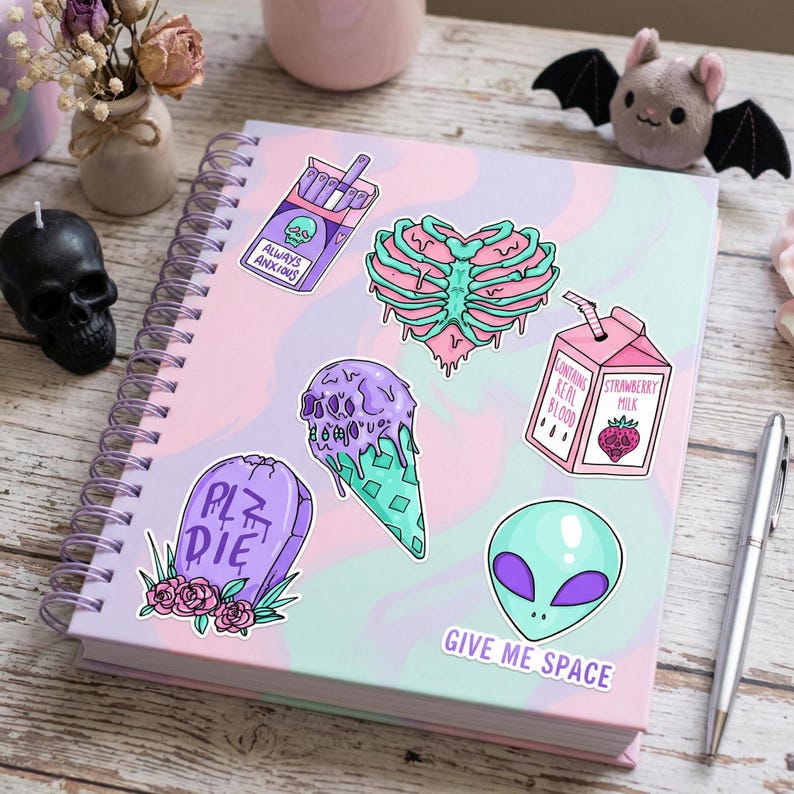 Pastel Goth Clipart, Digitale Creepy Cute PNG, Kawaii Anime, Gothic Horror Bundel, Pastel Spooky Clip Art afbeelding 2