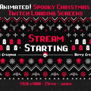 Könnte beinhalten: Animierter Twitch-Ladebildschirm mit einem gruseligen Weihnachtsthema. Der Bildschirm zeigt ein pixeliges Design mit roten und weißen Geistern, Schädeln, Fledermäusen und Spinnweben auf schwarzem Hintergrund. Der Text "STREAM STARTING" ist in roten und weißen Pixelbuchstaben. Der Text "Merry Creepmas" ist in roten und weißen Pixelbuchstaben. Der Text "1920x1080 - 25FPS - WEBM" ist in weißen Pixelbuchstaben.
