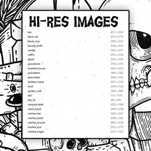 May include: Black and white illustration with a list of "HI-RES IMAGES" including bats, black cats, and skulls. The image has a spooky, Halloween theme, with detailed line art and a vintage aesthetic. The list provides image dimensions in pixels.