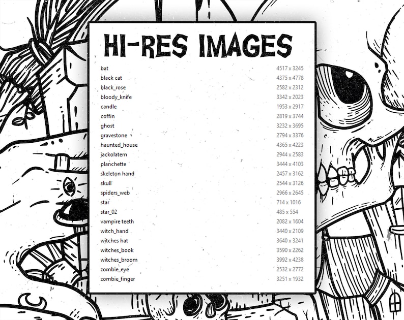 May include: Black and white illustration with a list of "HI-RES IMAGES" including bats, black cats, and skulls. The image has a spooky, Halloween theme, with detailed line art and a vintage aesthetic. The list provides image dimensions in pixels.